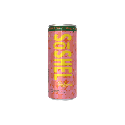 Pink Paloma flavor can with 'SoSHEL' branding on a white background